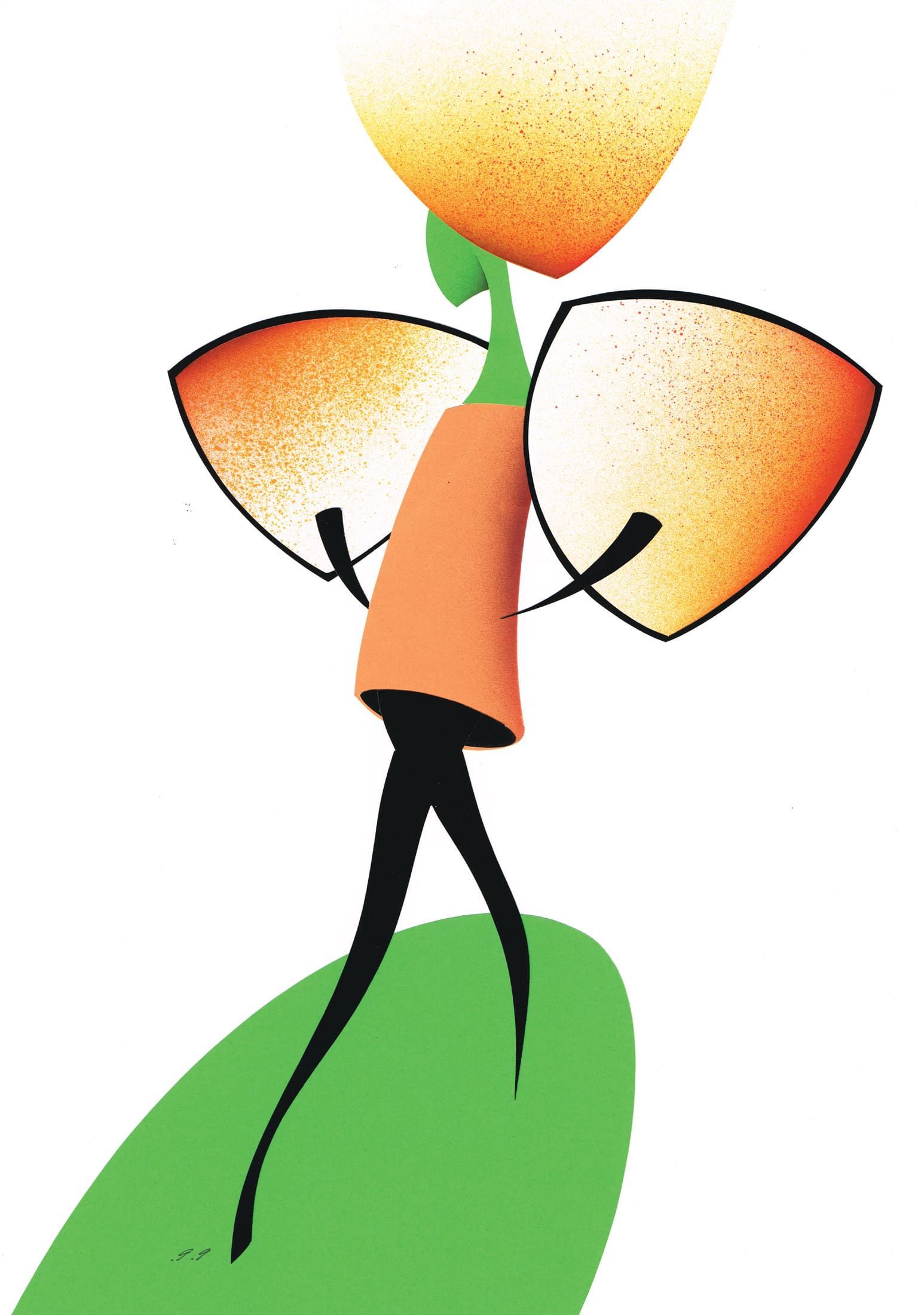 Stylized figure with orange torso and head holding three orange and white objects, walking on green.