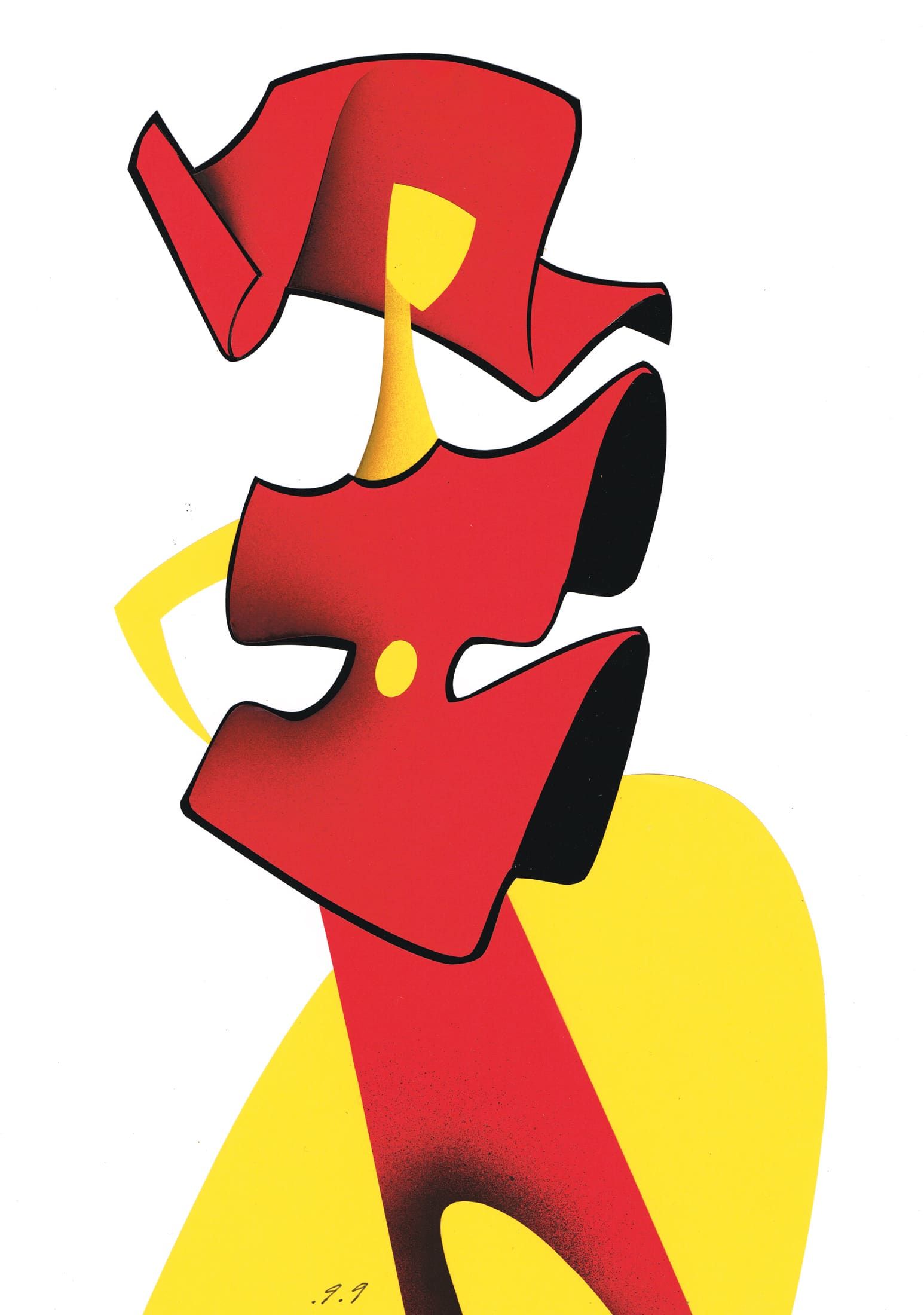 Stylized figure in red dress with yellow accents, striking a pose.