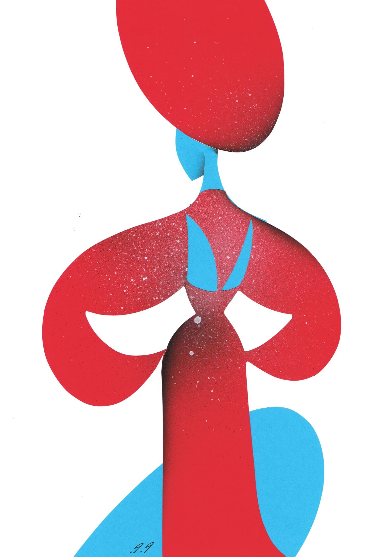 Woman in a red dress and hat, arms raised, blue face and dress back, white background.