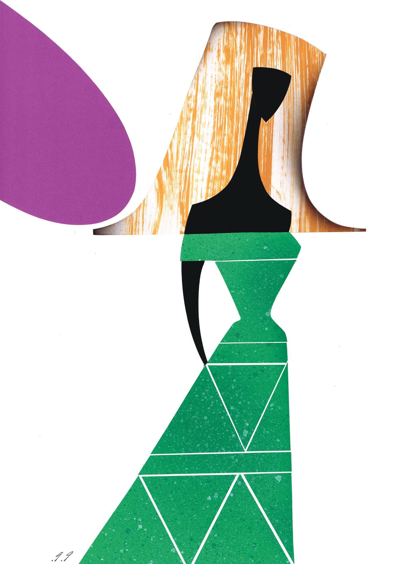 Stylized illustration of a woman in a green dress with a purple accessory and blonde hair.