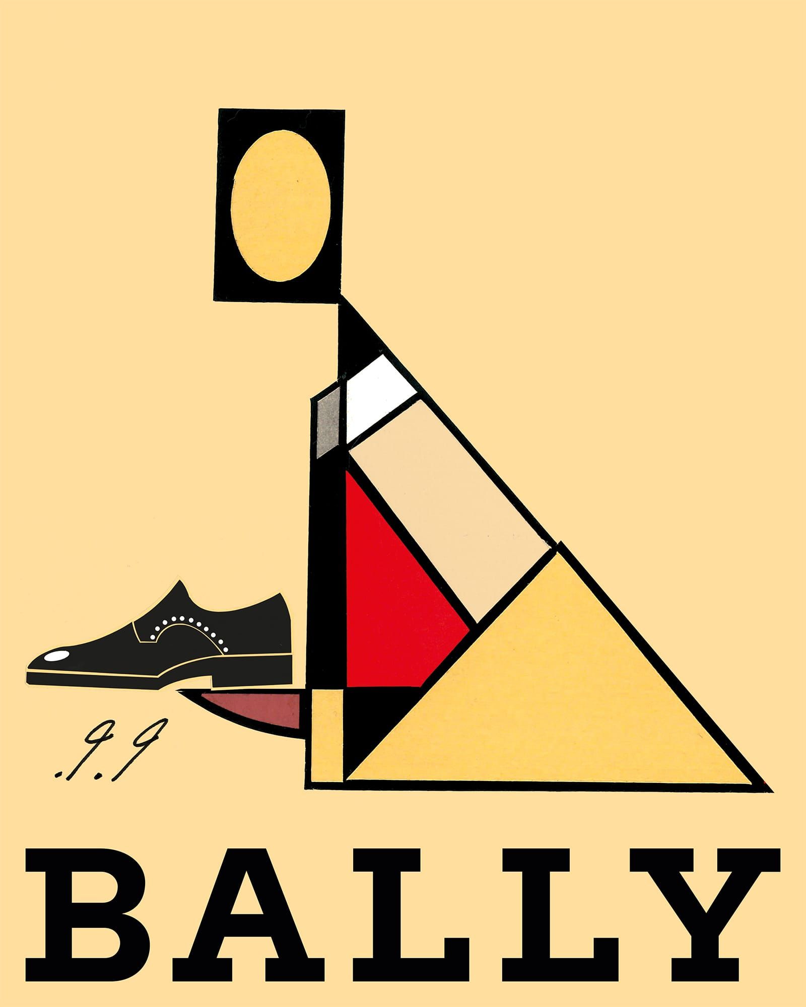 Bally logo: Abstract figure with geometric shapes, shoe, and the brand name below in black.