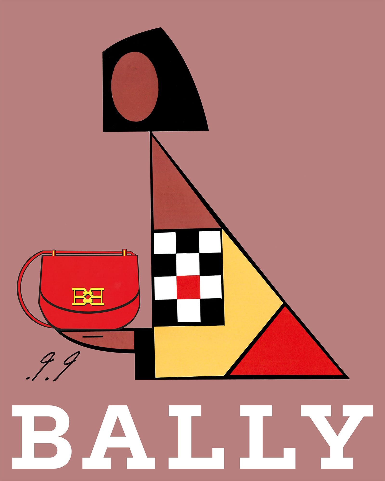 Red Bally handbag held by a stylized figure, with a geometric design and the Bally logo.