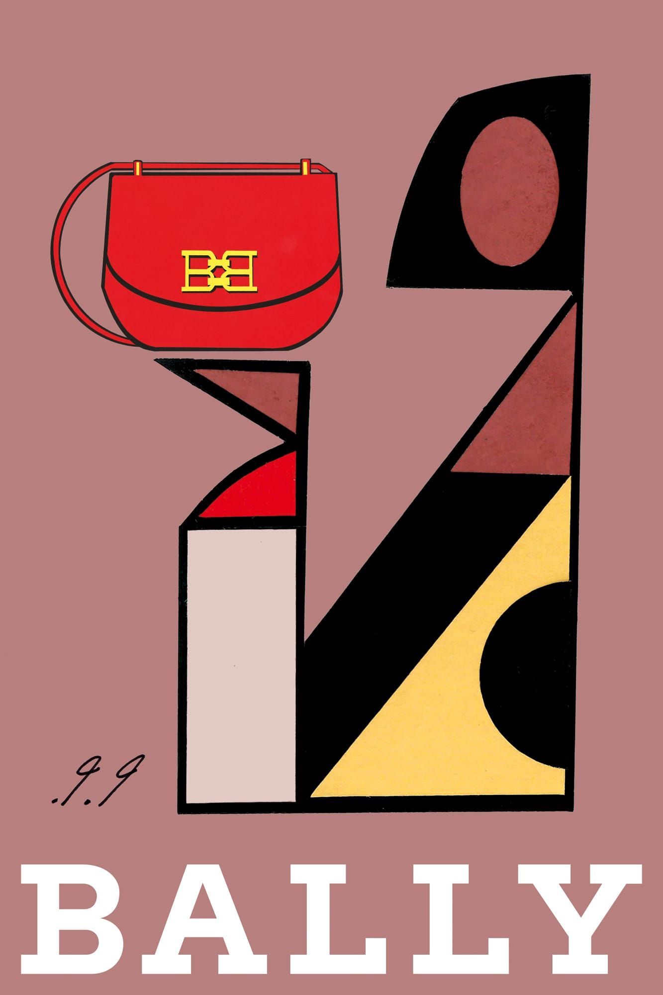 Red Bally handbag atop an abstract, geometric figure; Bally logo below.