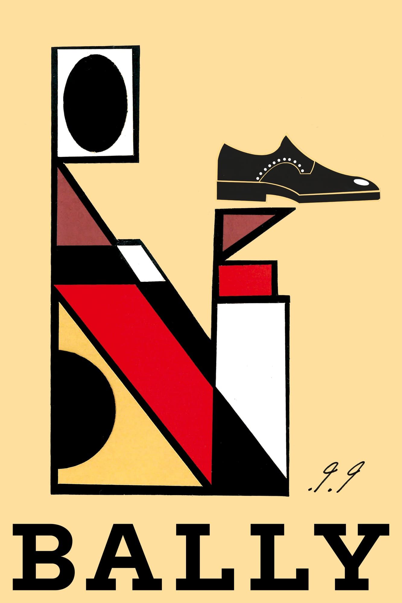 Abstract geometric design with Bally shoe, red, black, and white elements, cream background.