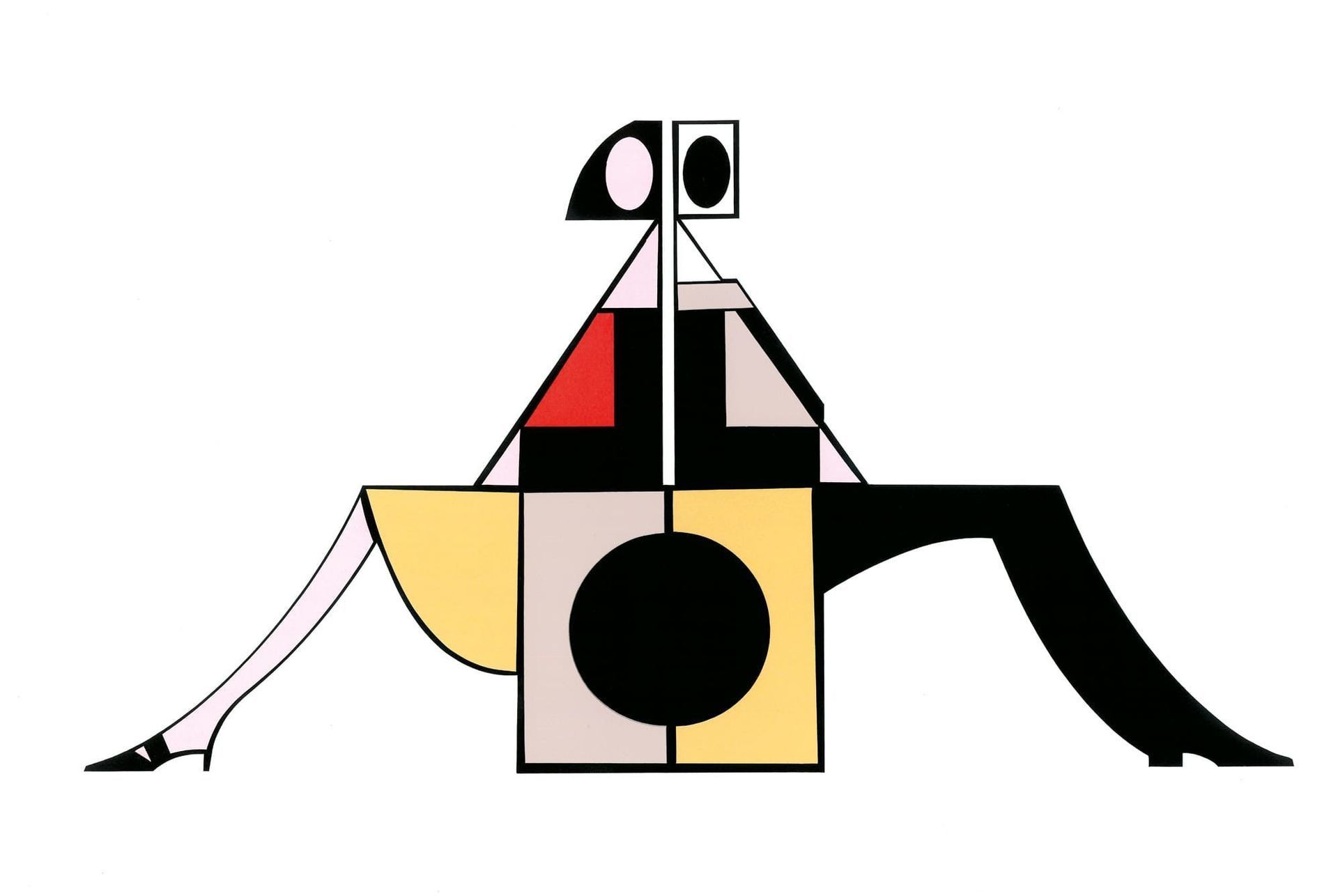 Abstract geometric figure with red, black, yellow, and white shapes. Arms and legs splayed.