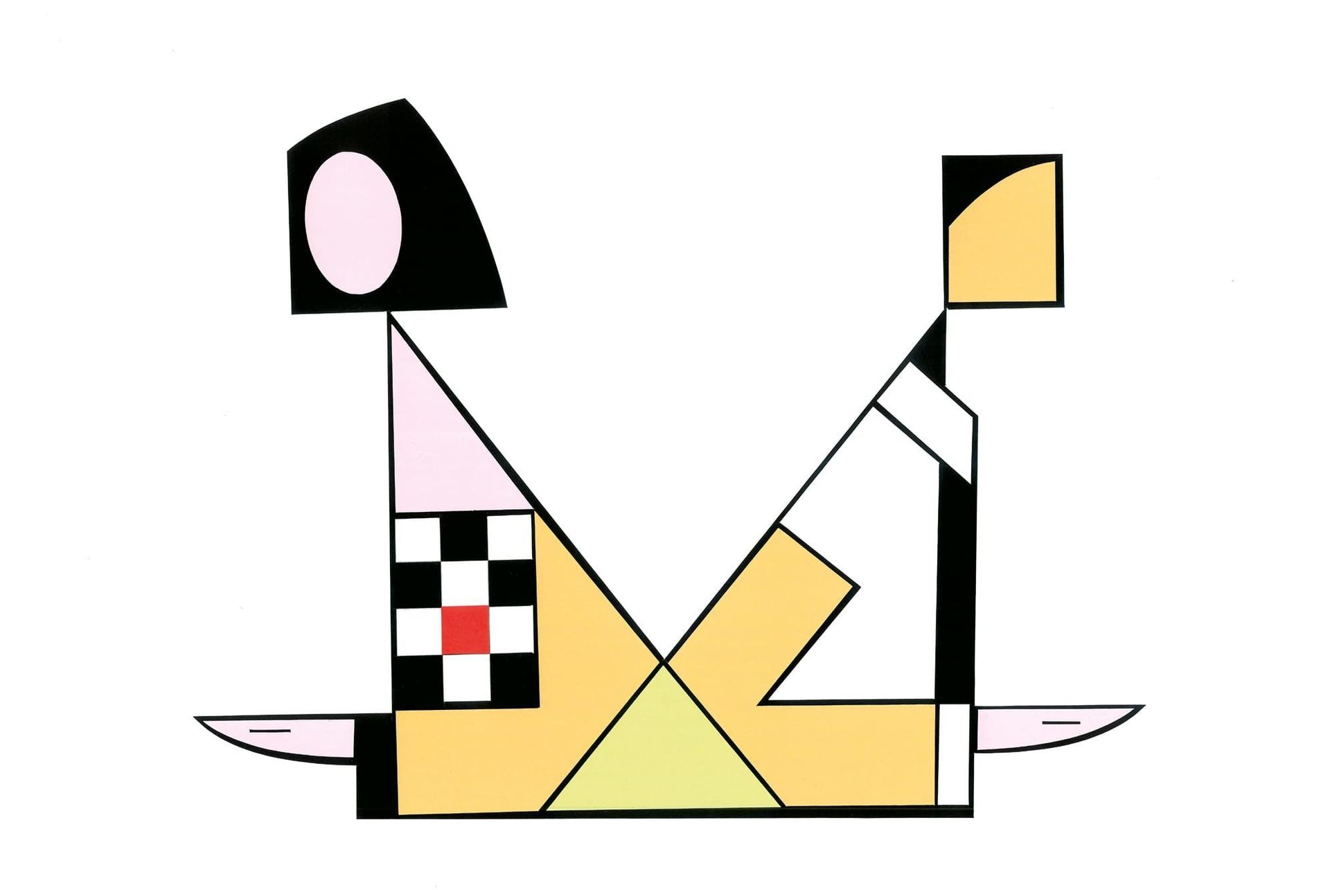 Abstract figure with geometric shapes in yellow, black, and white.