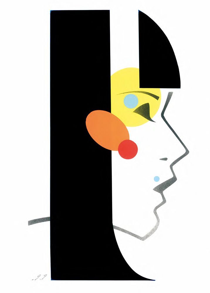 Profile of a face with yellow and orange shapes overlayed, black hair and a small blue mark.