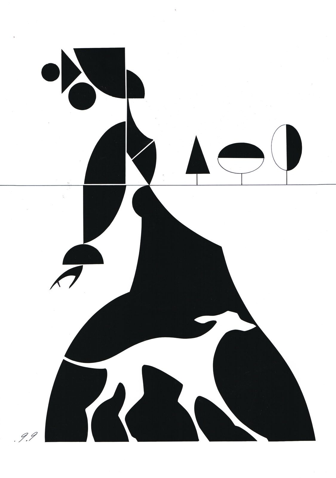 Abstract illustration of a person and dog walking, black shapes on white, with stylized trees.