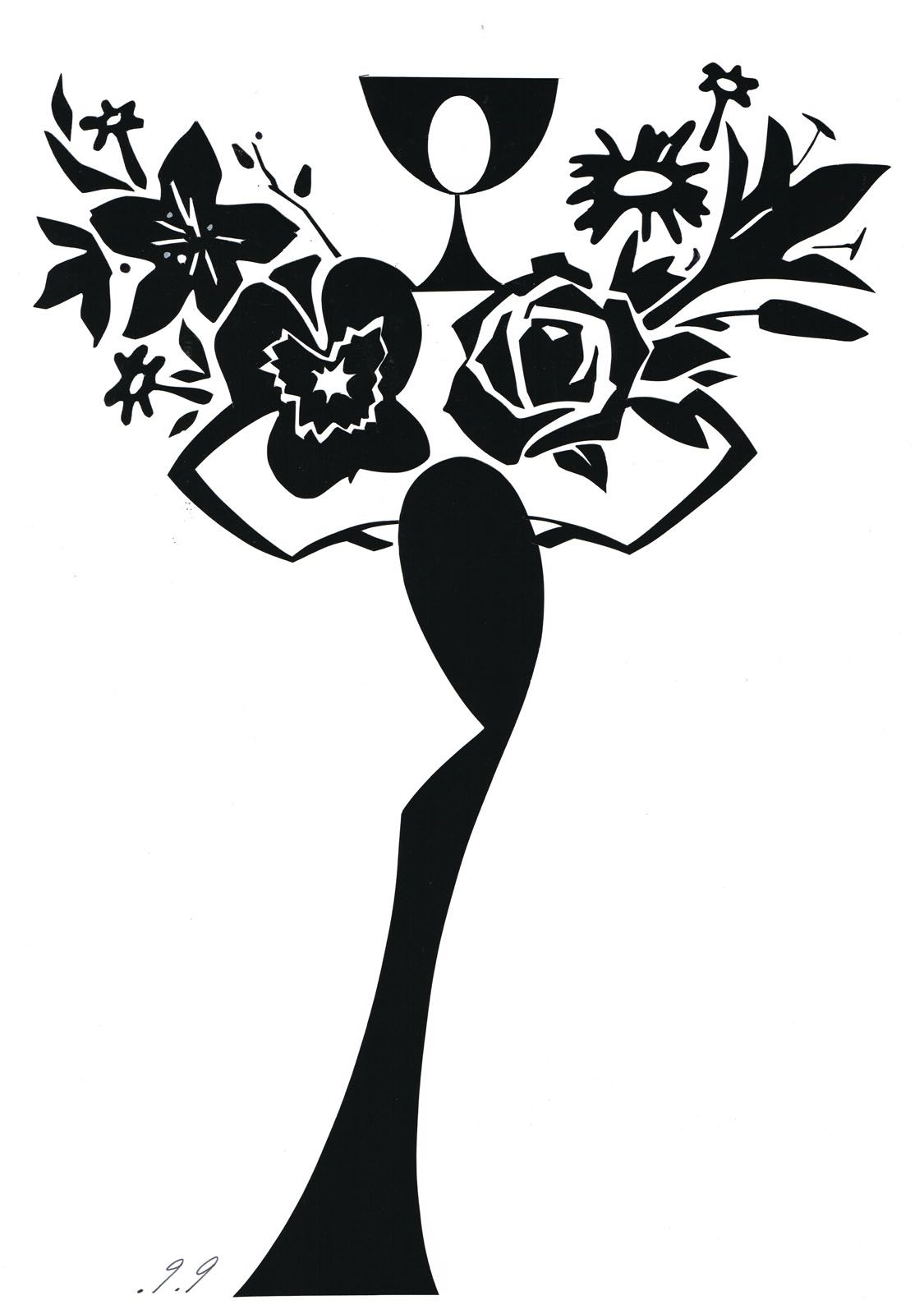 Silhouette of a woman carrying flowers, with a chalice above her head.