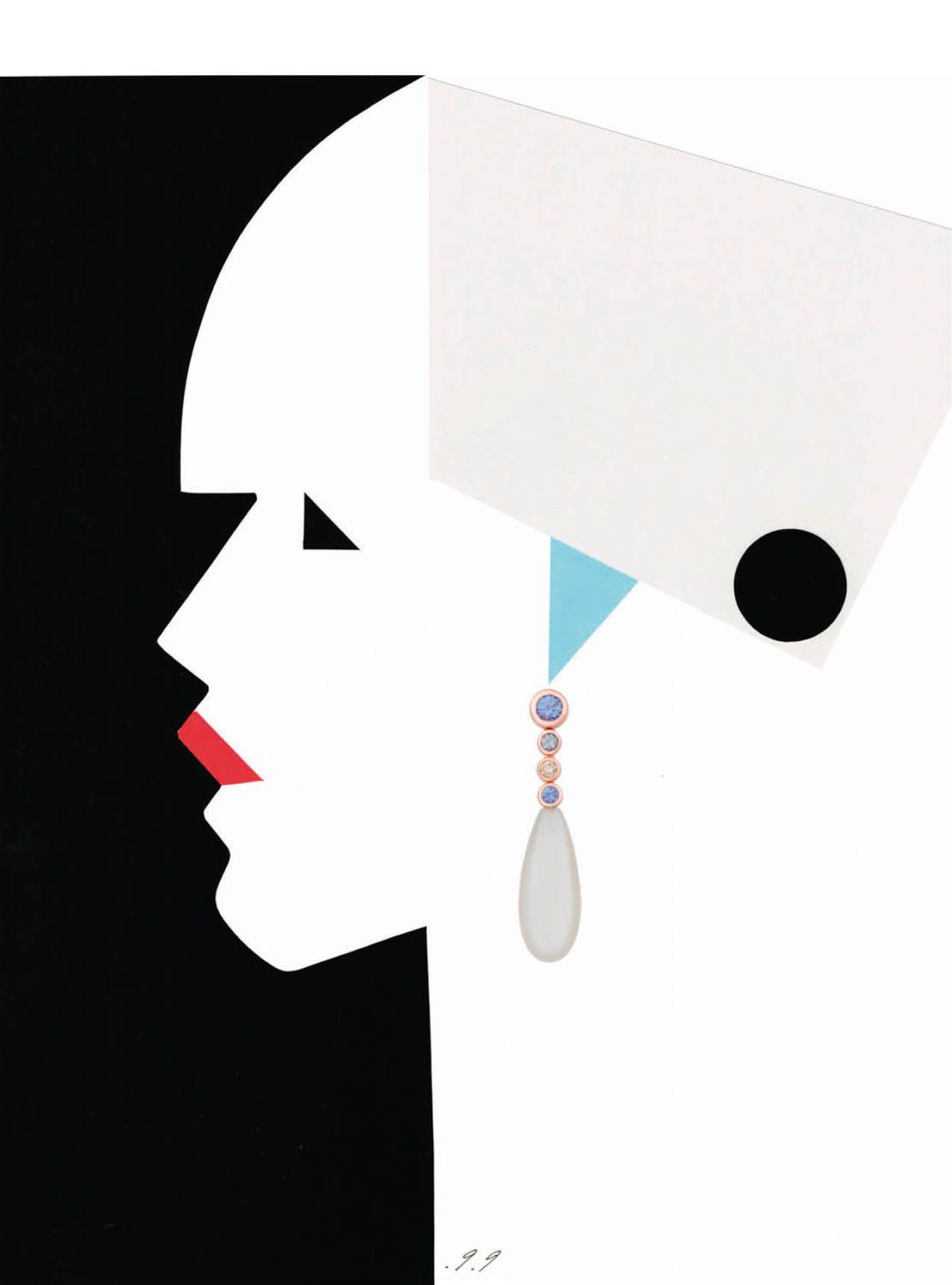 Geometric portrait of a woman in profile, black and white background. Red lips, dangling earring with a pearly drop.