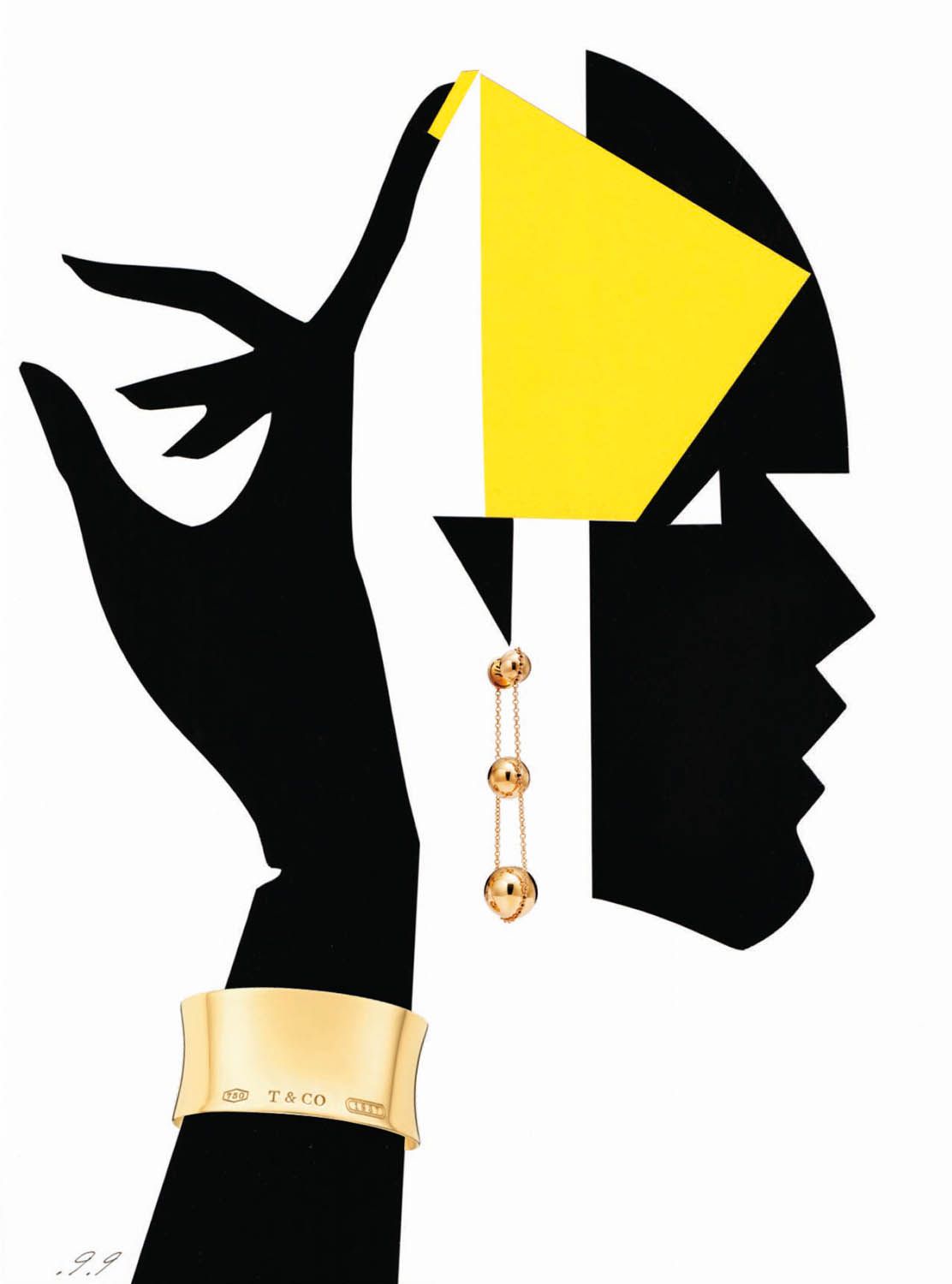 Black silhouette of a hand with a bracelet and earring, holding up a geometrically styled yellow and white head.