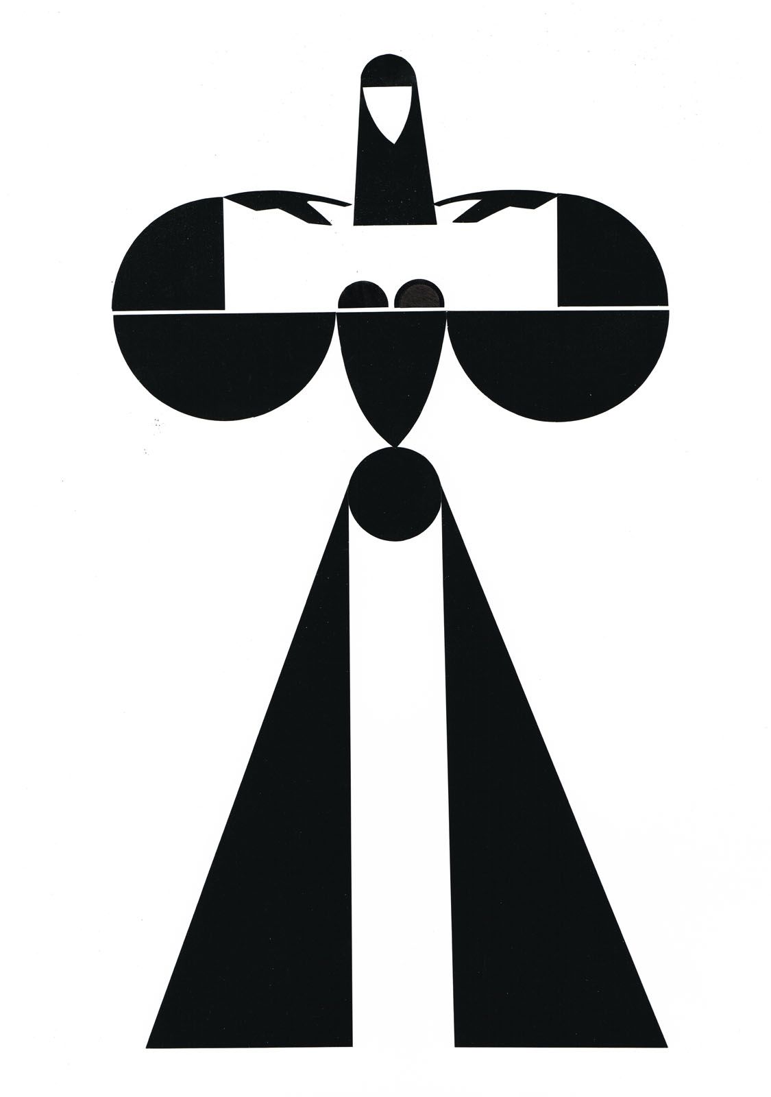 Abstract figure in black and white, resembling a person with arms outstretched and a skirt.