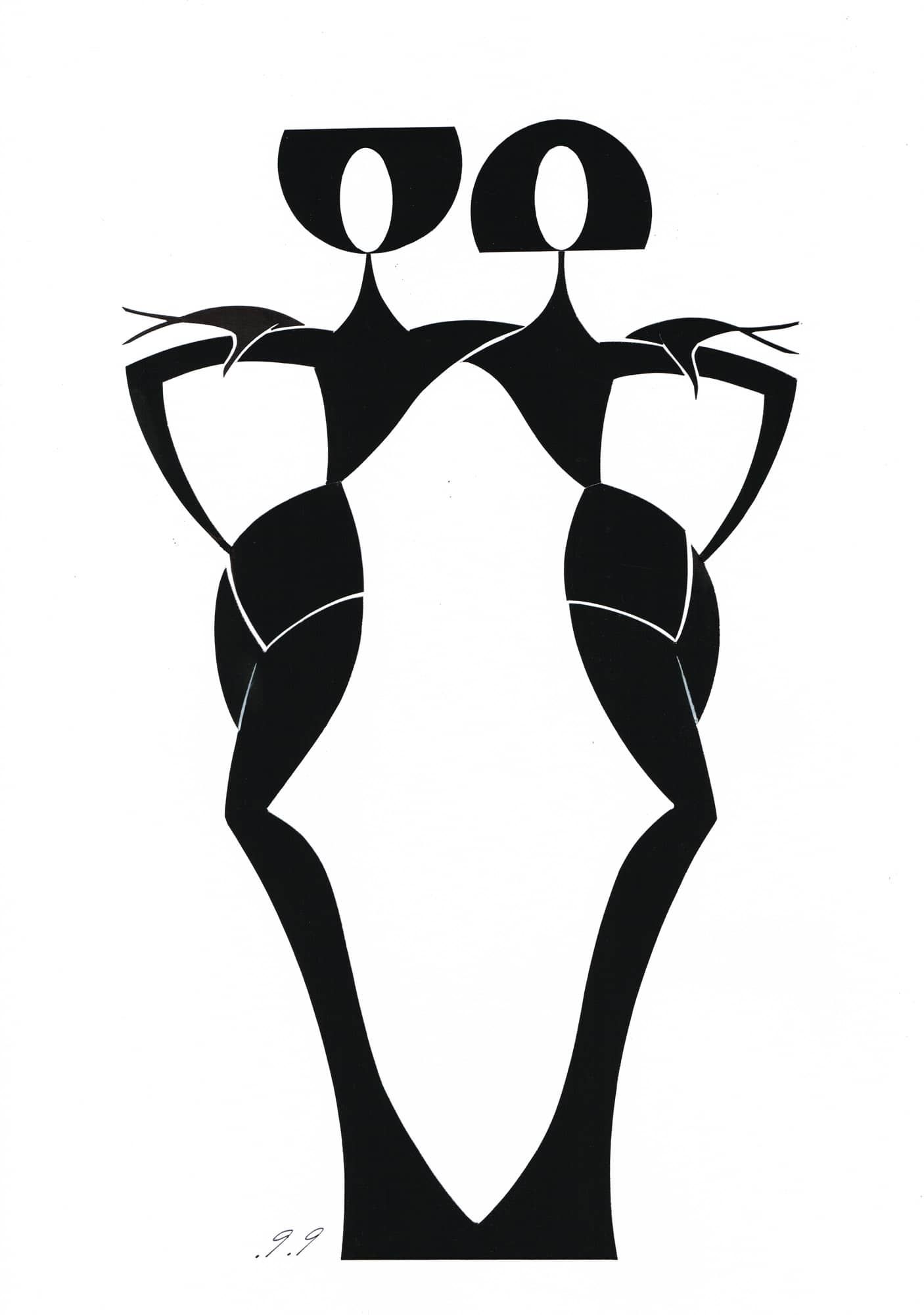 Two stylized black figures, facing each other with arms extended.