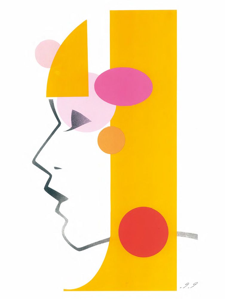 Profile of a person with yellow hair, various colored circles, and a geometric head shape.
