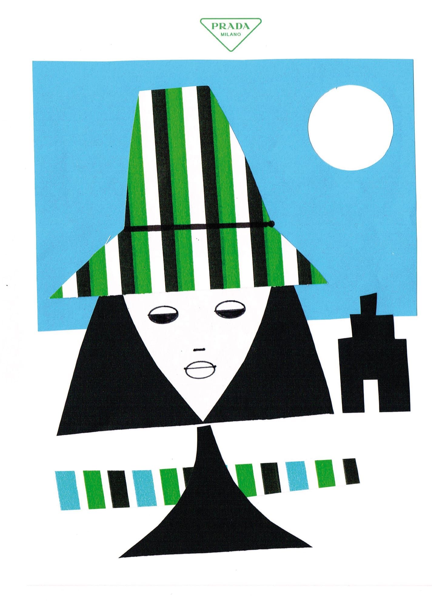 Illustration of a person with a striped green and white hat, against a blue background, with a white circle and black building.