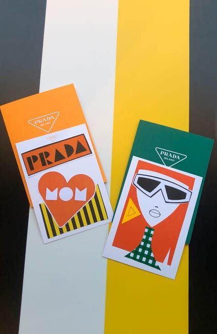 Two Prada-themed cards on colorful striped background. One reads