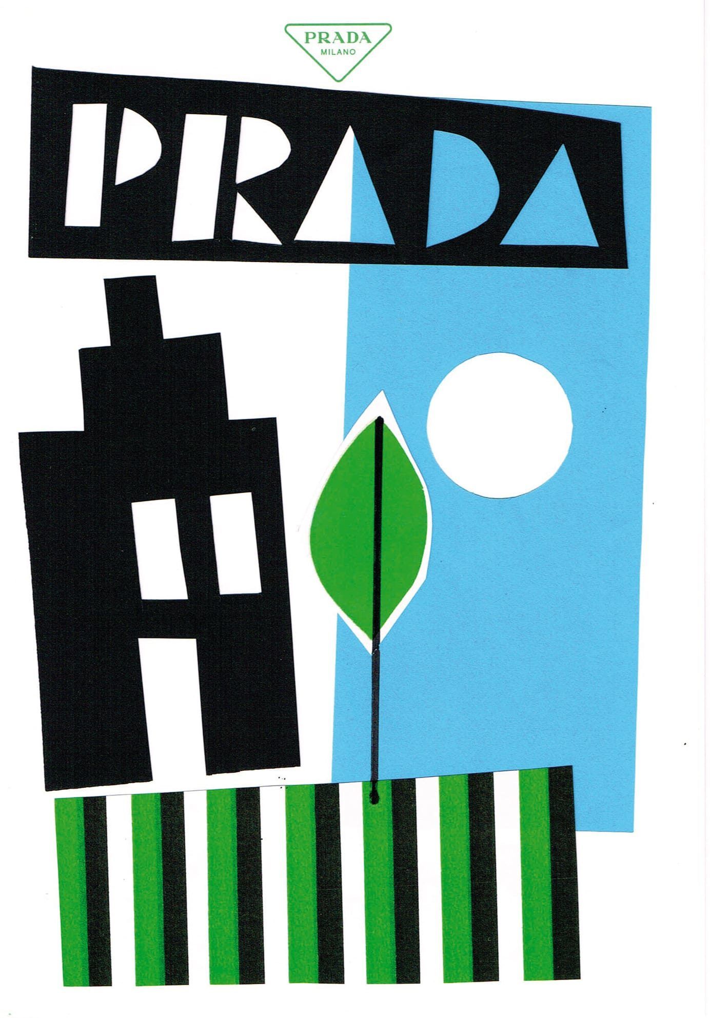 Prada advertisement: stylized city scene with logo, building, tree, and striped fence, in black, green, and blue.