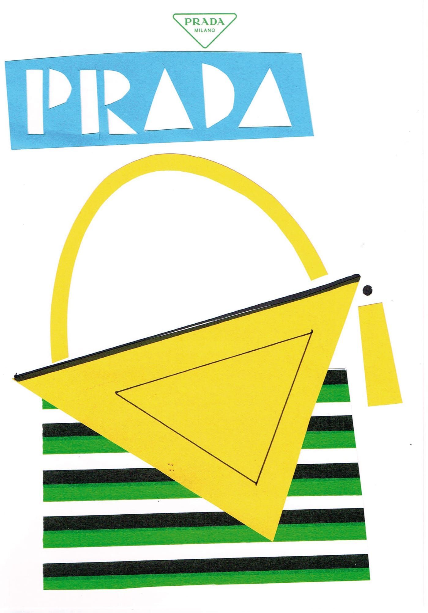 Prada fashion illustration: Yellow and green handbag, blue
