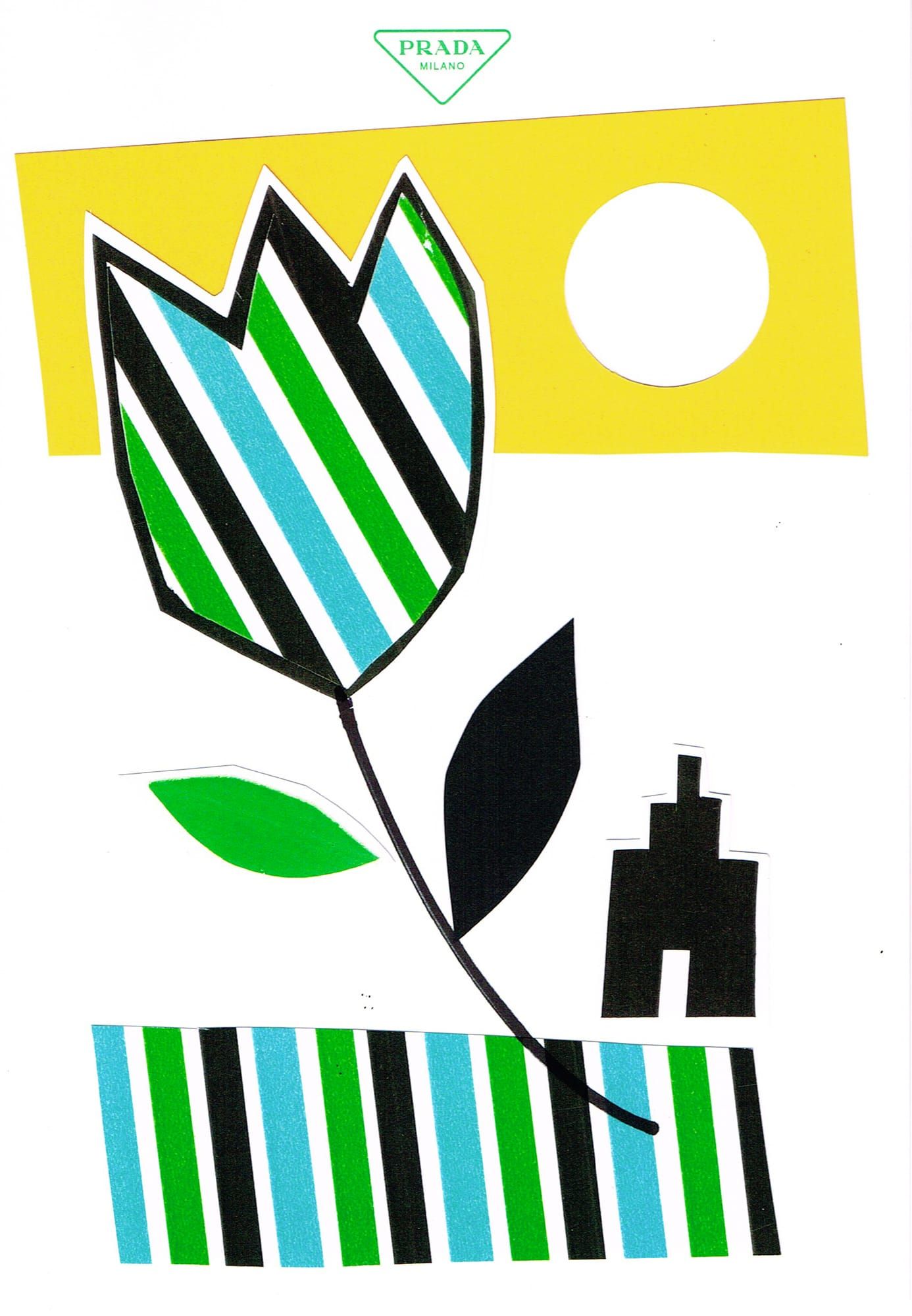Geometric flower illustration with striped petals, yellow background, and architectural element.