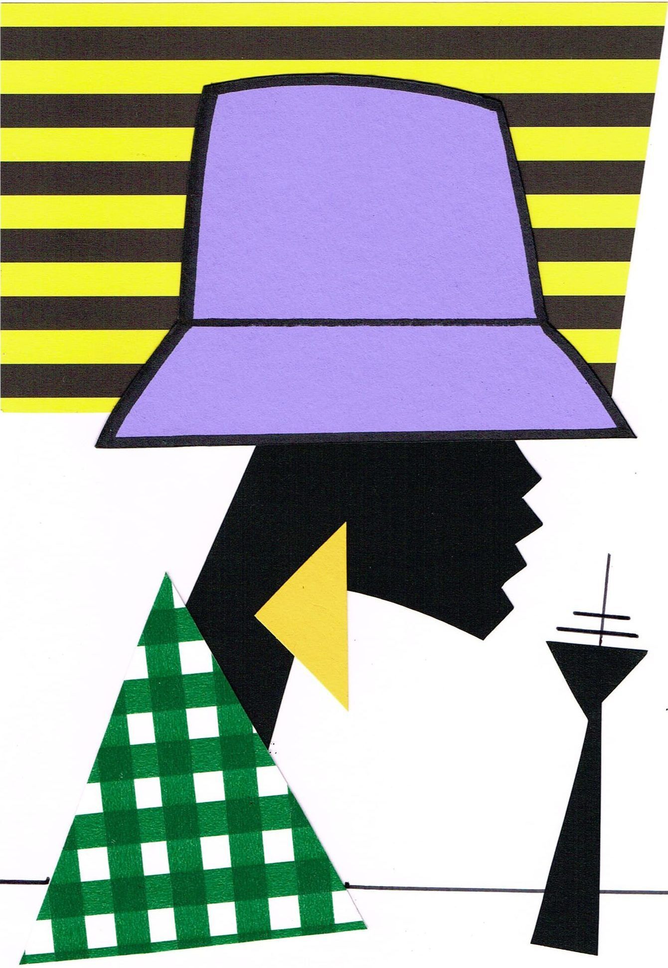 Abstract illustration of person with purple hat, green plaid shirt, yellow triangle earring, and black tower; against a yellow and black striped backdrop.