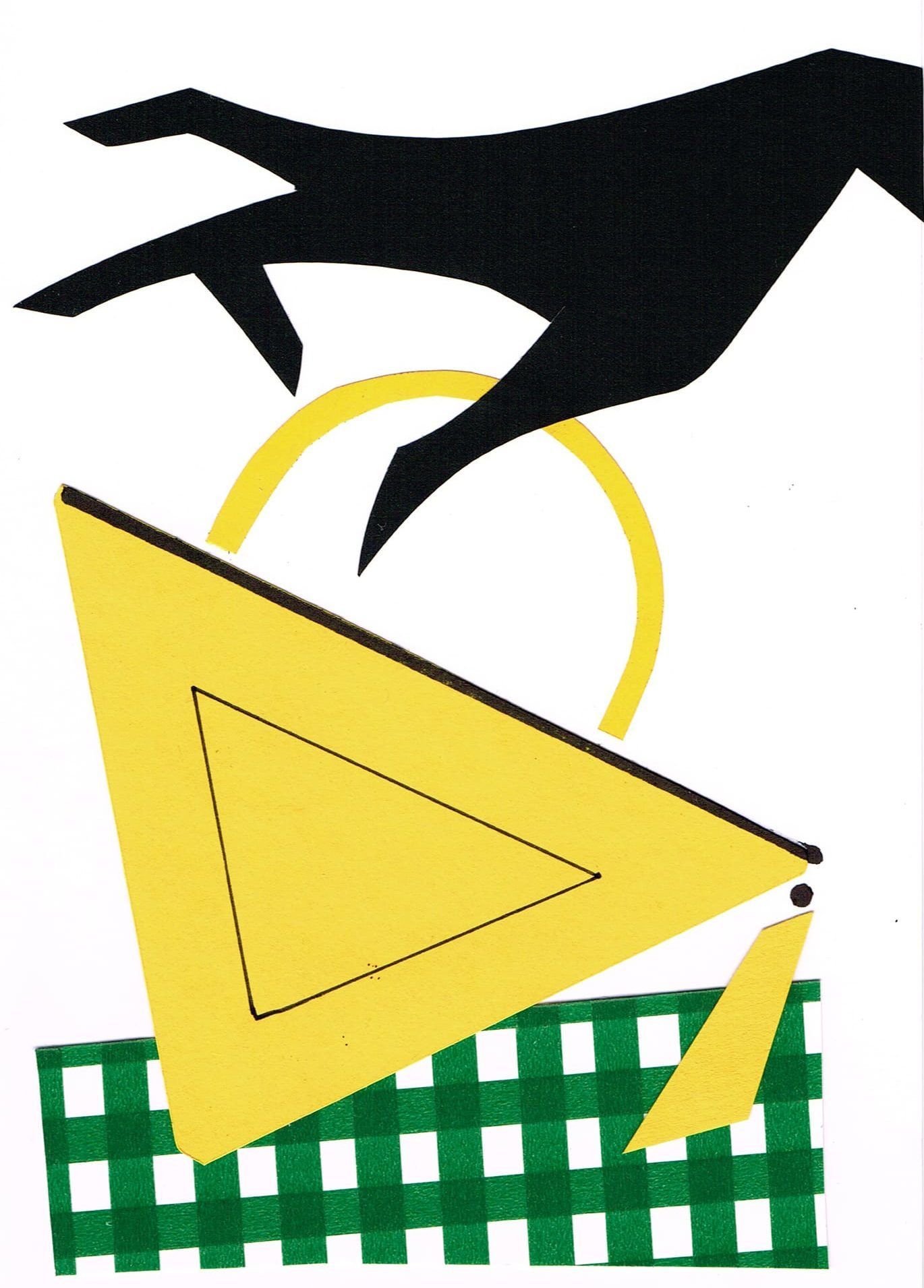 Black silhouette hand reaching for a yellow handbag with a green gingham base.