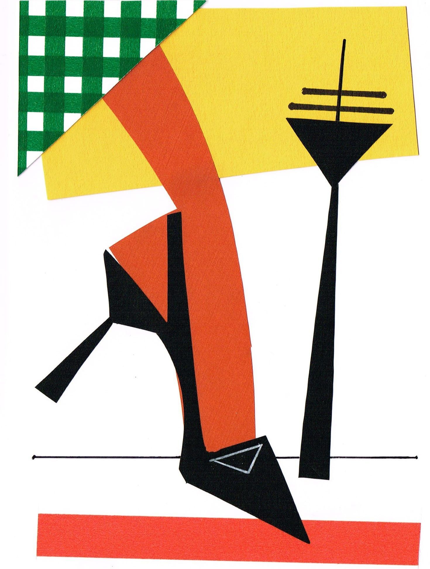 Abstract illustration of a leg in a black shoe with orange stocking, next to a black street lamp; green and yellow shapes.