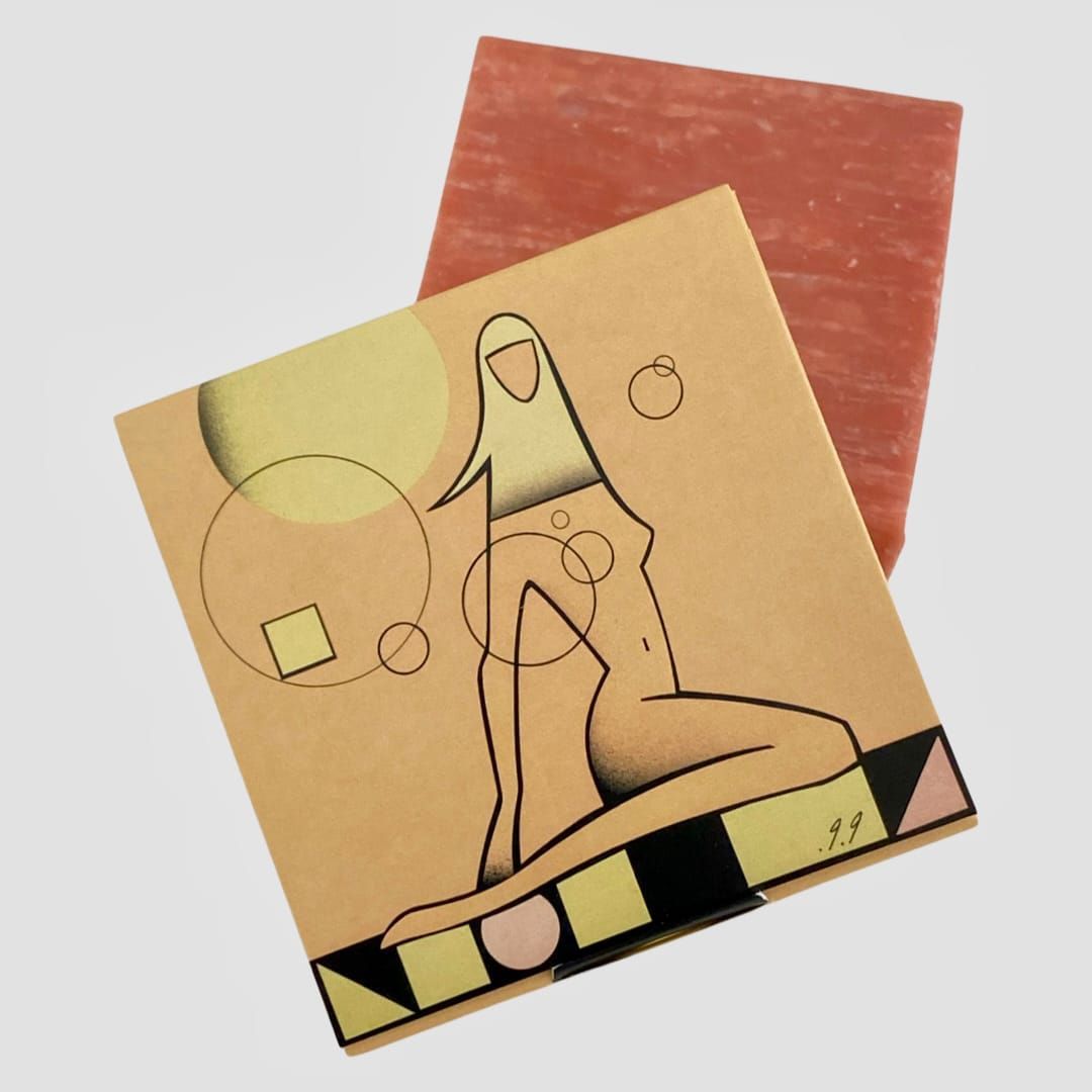 Artistic illustration on a beige square with a reclining figure and geometric shapes. A rectangular red object sits behind it.