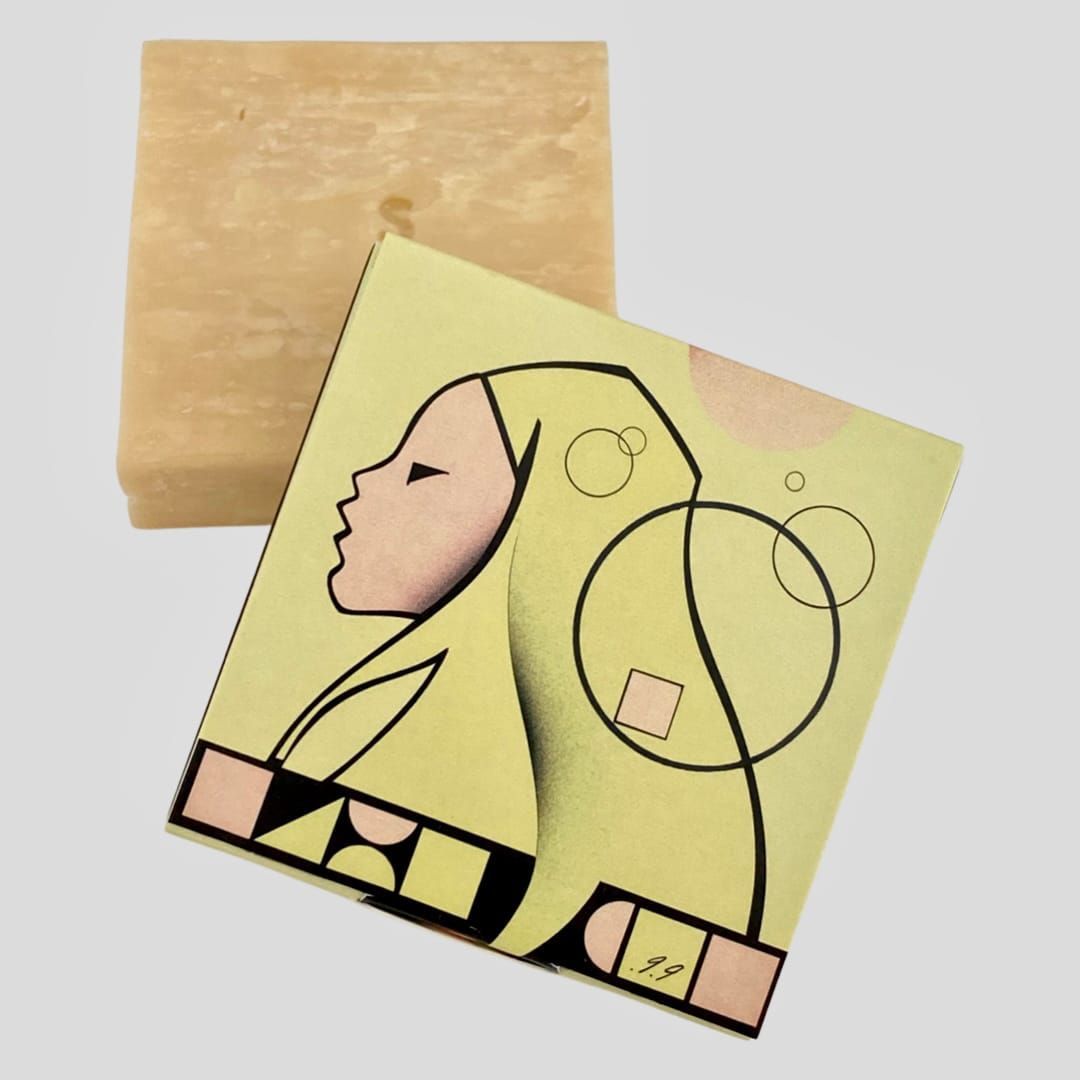 Square artwork with profile of a person in pastel colors and black lines, next to a beige block.