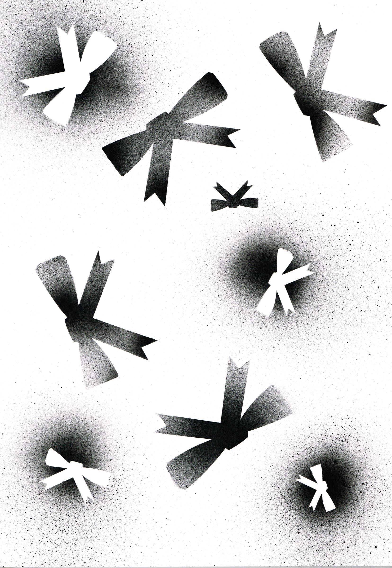 Scattered black and white bow shapes with speckled background.
