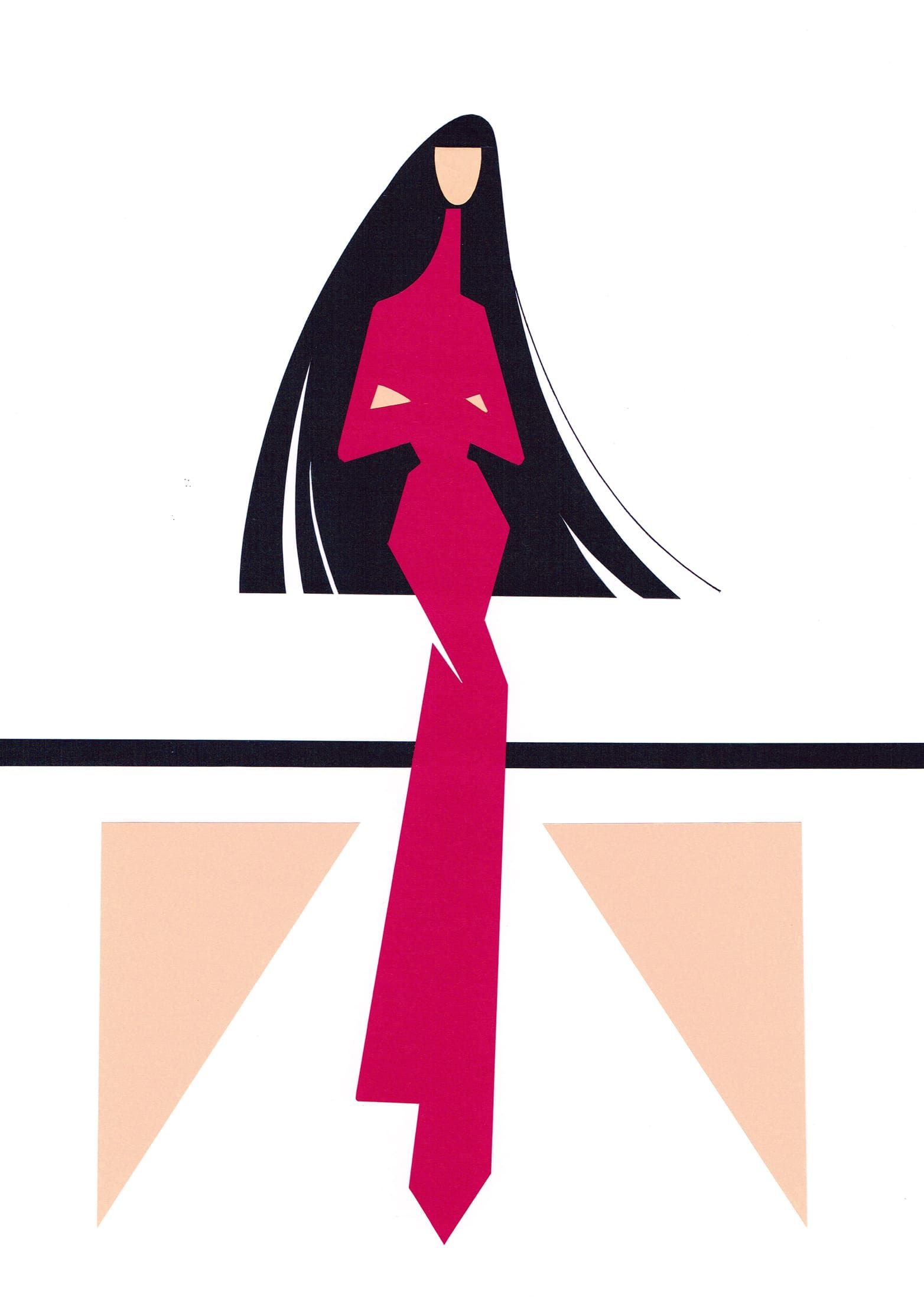Woman in red dress with long black hair standing on a light pink platform.