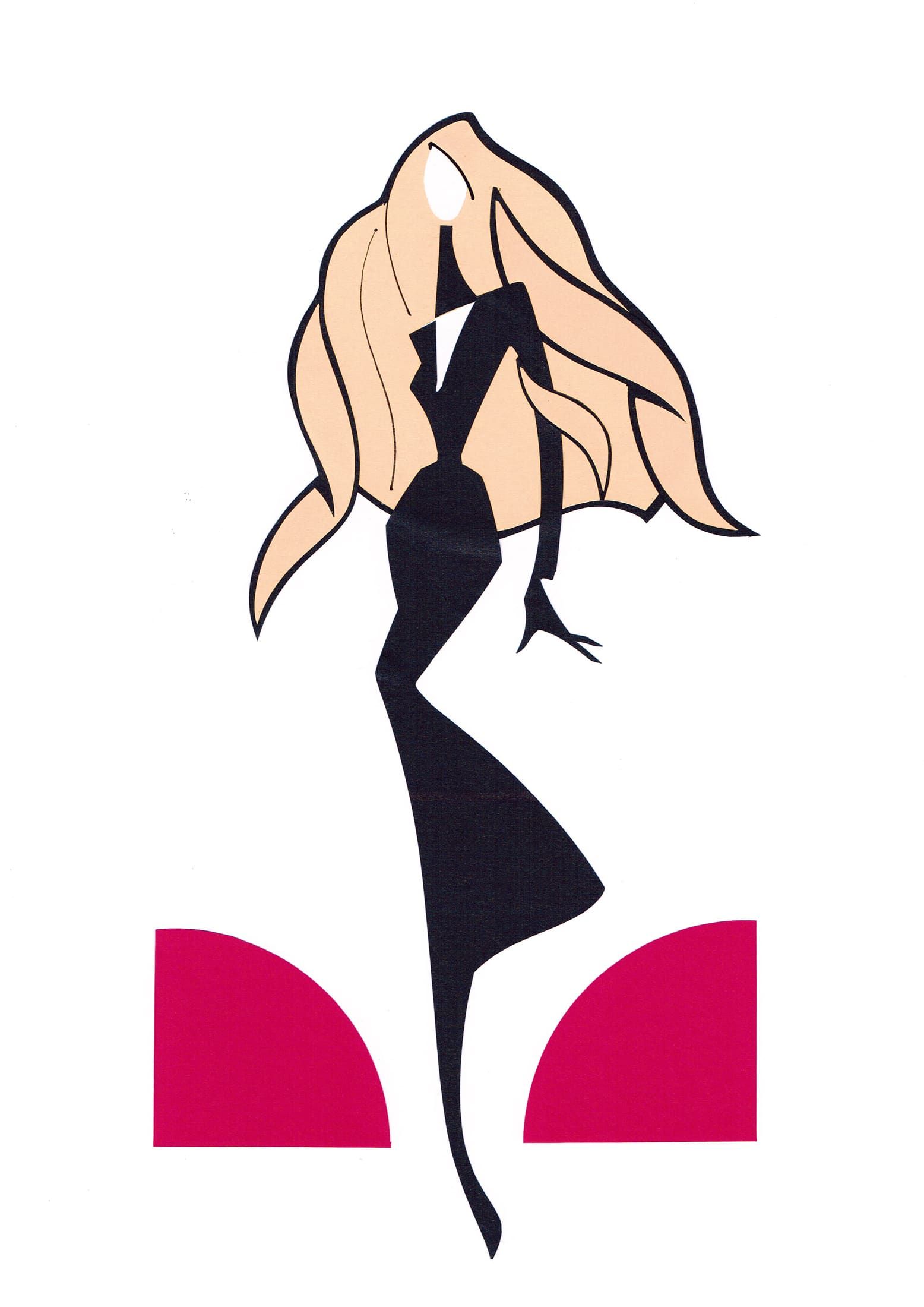 Fashion illustration of a woman in a black gown, long blonde hair, standing on one leg, with two red semi-circles.