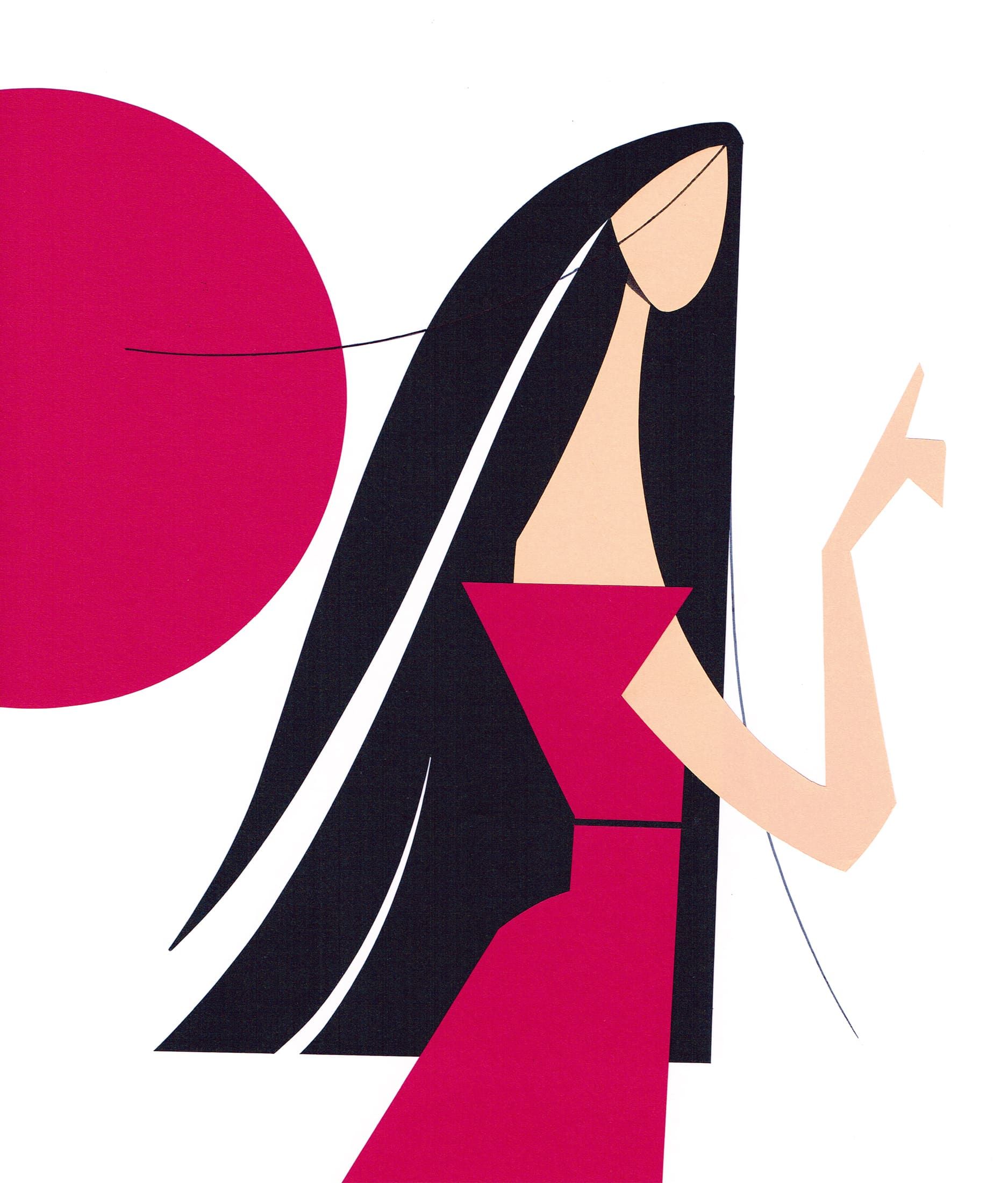 Woman in a red dress with black hair, pointing upward. A red circle is in the background.