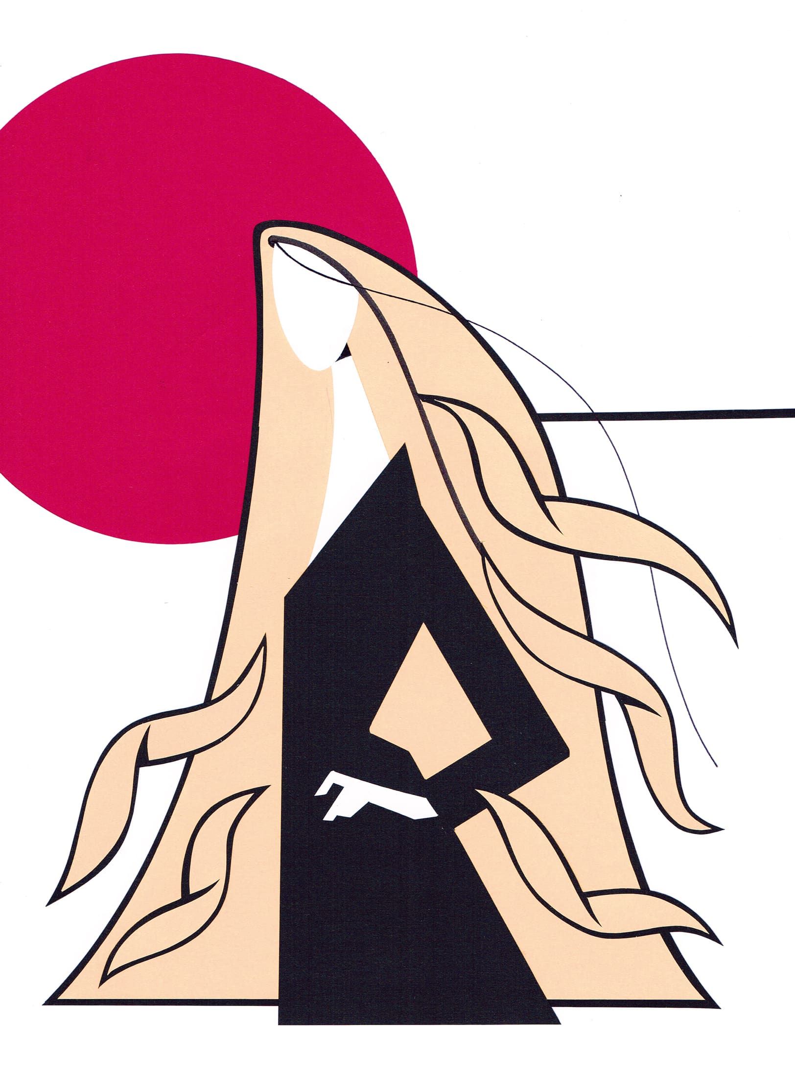 Woman in black dress, long blonde hair, against red circle and beige/black triangle background.