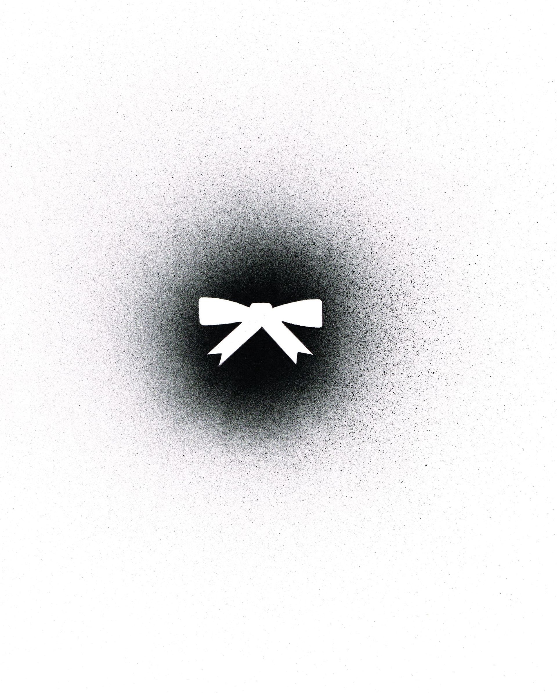 White bow silhouette within a black spray-painted circle on a white background.