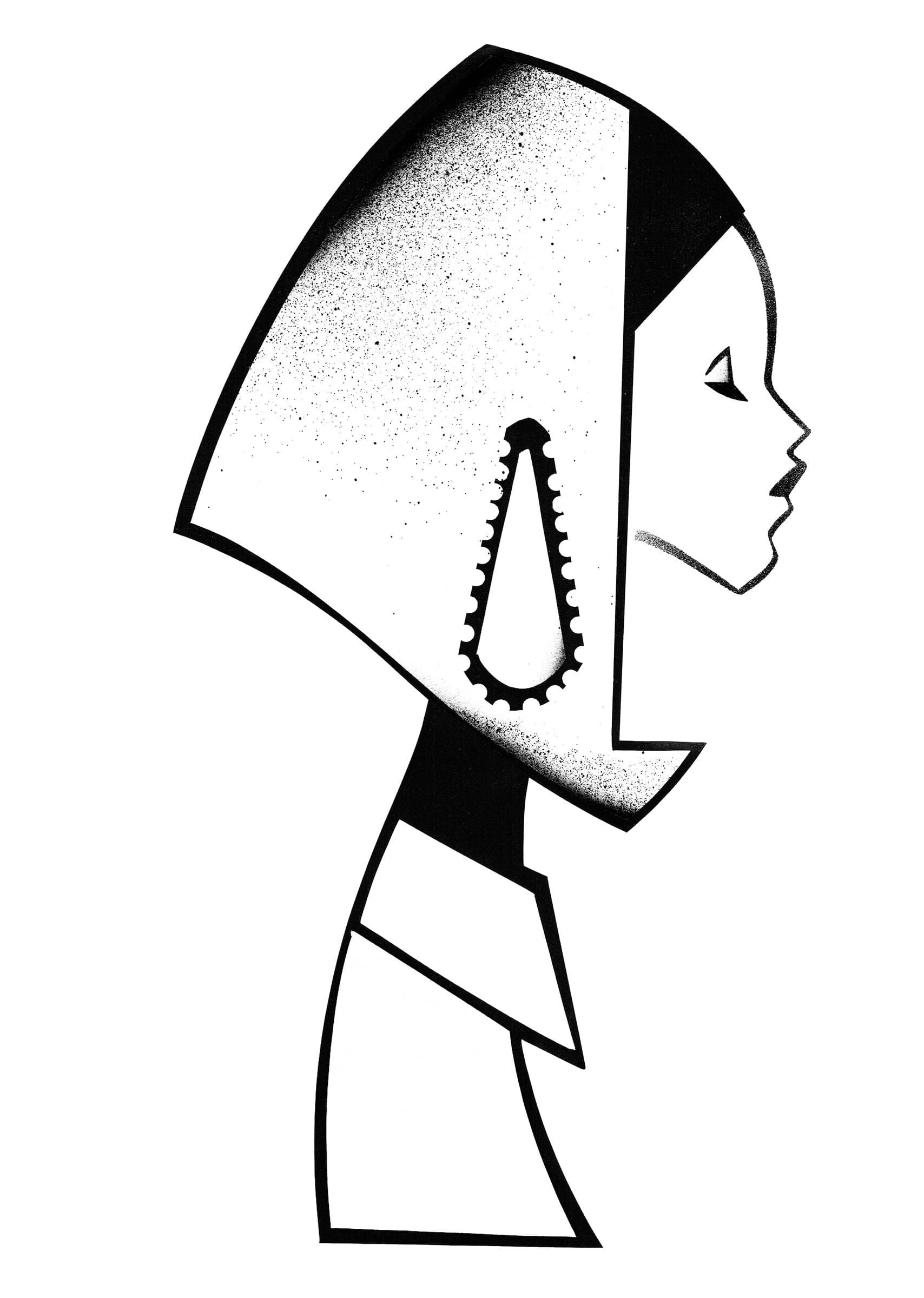 Profile view of person wearing a head covering and large teardrop earring, looking down, black and white line art.