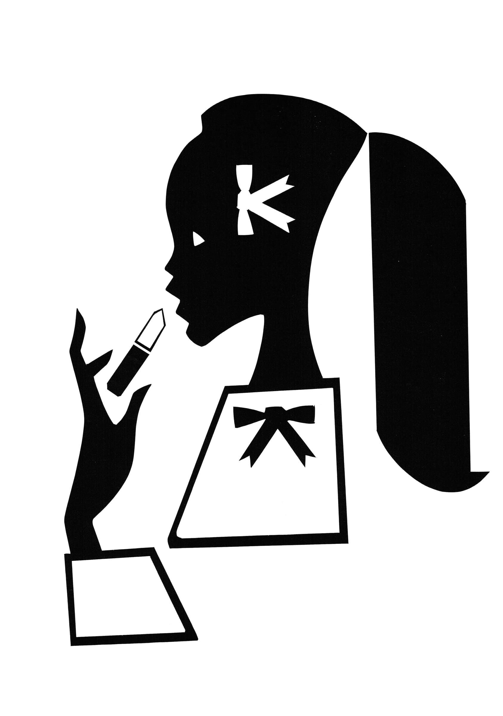 Silhouette of a person applying lipstick, wearing a bow and ponytail, with a