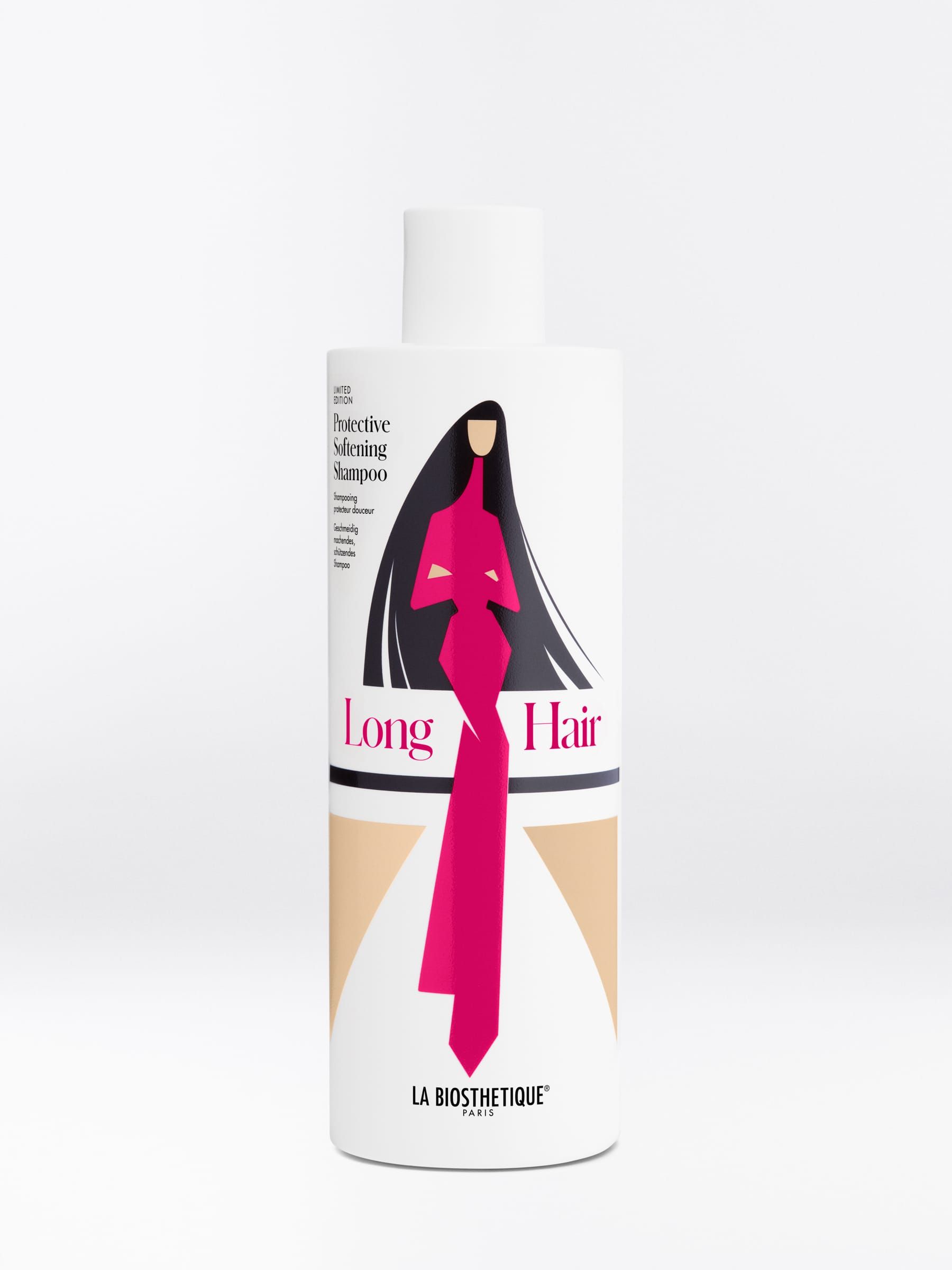 Bottle of Long Hair product, pink-clad woman illustration on white background, beige accents.