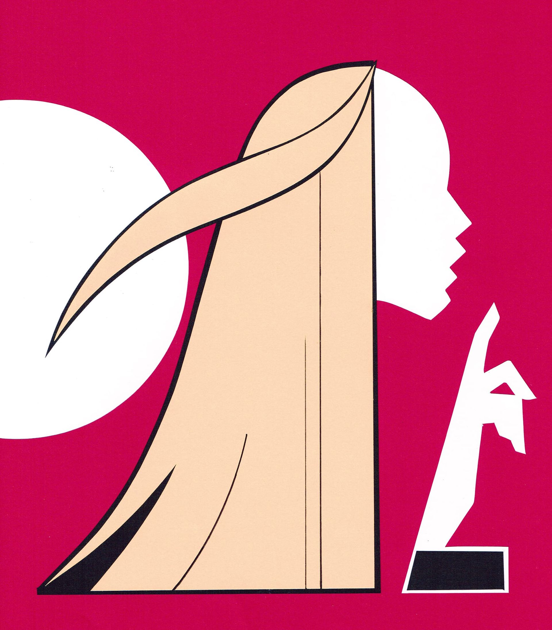 Woman's profile silhouetted with finger to lips, long hair, and a full moon-like shape behind her.