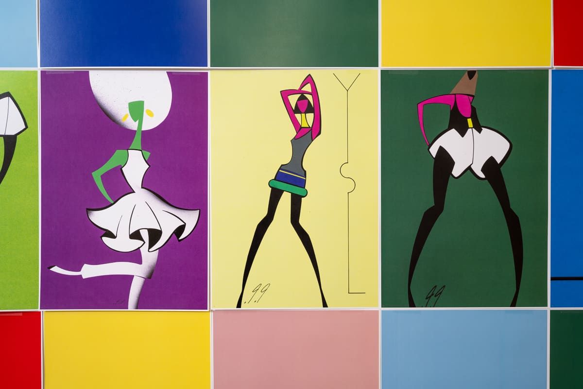 Three stylized fashion figures in colorful squares.