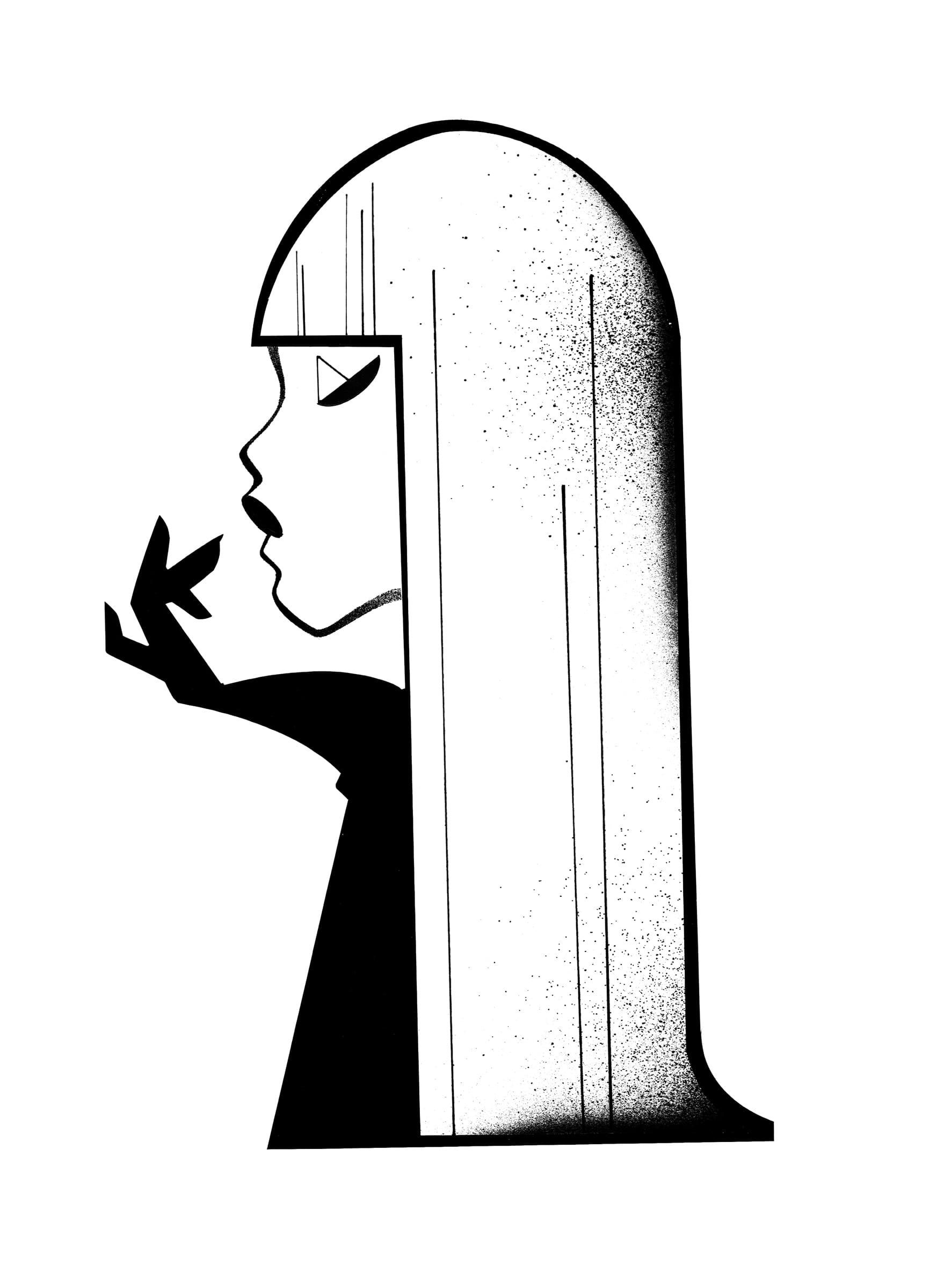 Woman with long hair, dark lips, and a claw-like hand, touching her mouth.
