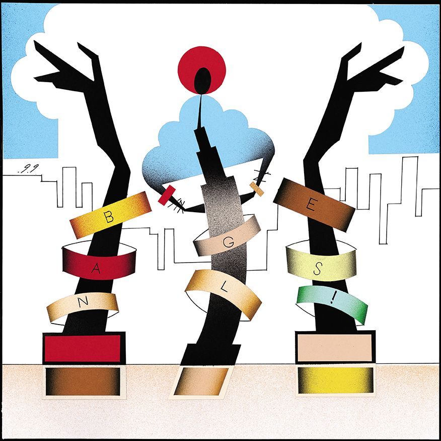 Three stylized skyscraper figures with arms raised, wrapped in colorful bands, city background.