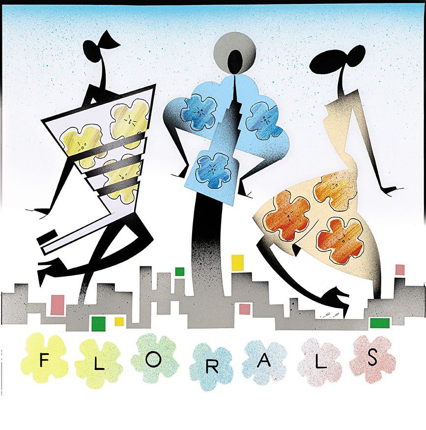 Three stylized figures in floral dresses, standing over a cityscape.