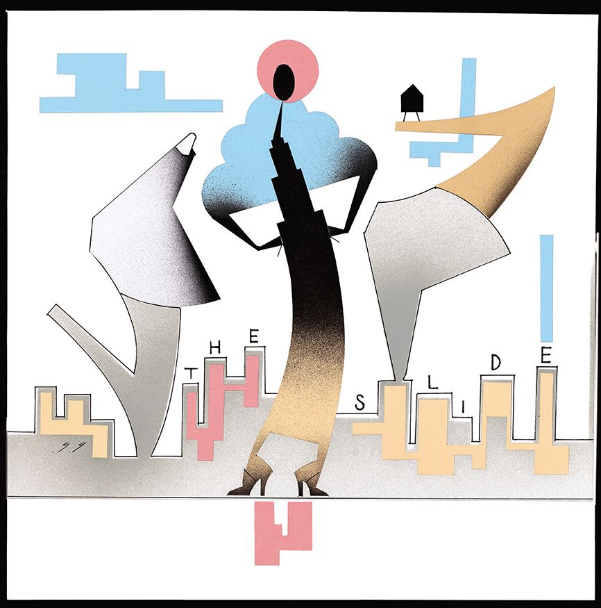 Abstract illustration of a city silhouette personified, with arms raised and a pink halo. Blue, pink, and beige shapes.