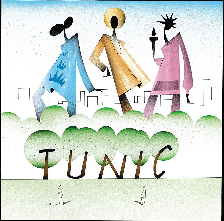 Artwork: Stylized figures above green trees and 