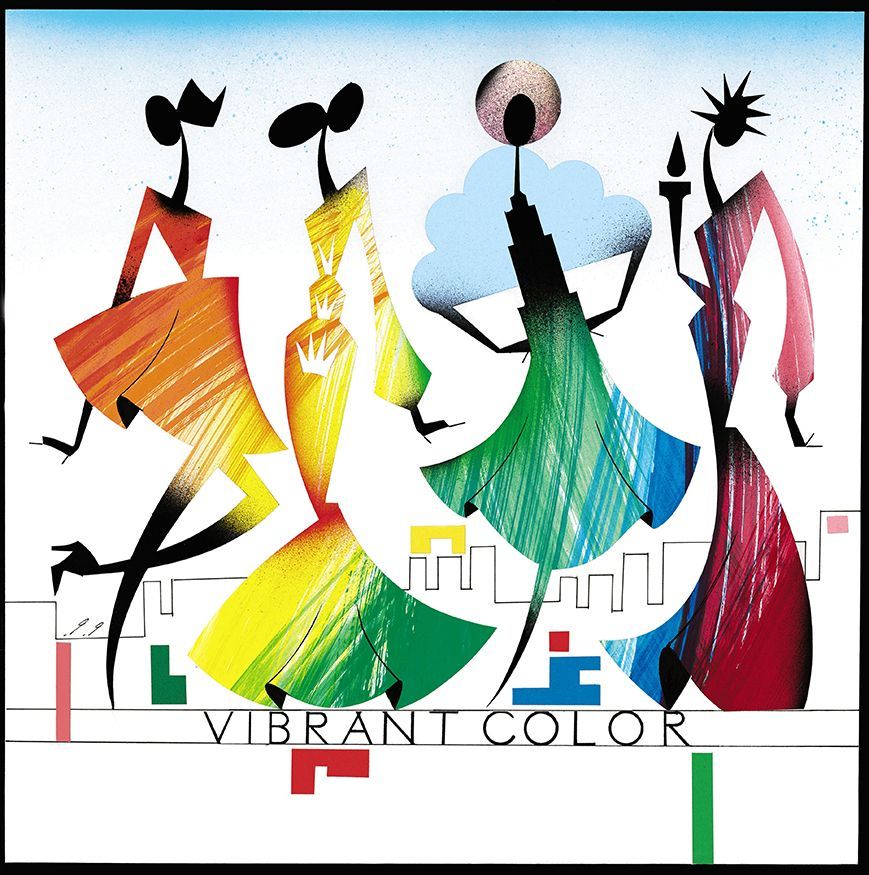 Colorful abstract figures walking. Vibrant dresses in orange, yellow, green, and red against a blue sky, with the text 