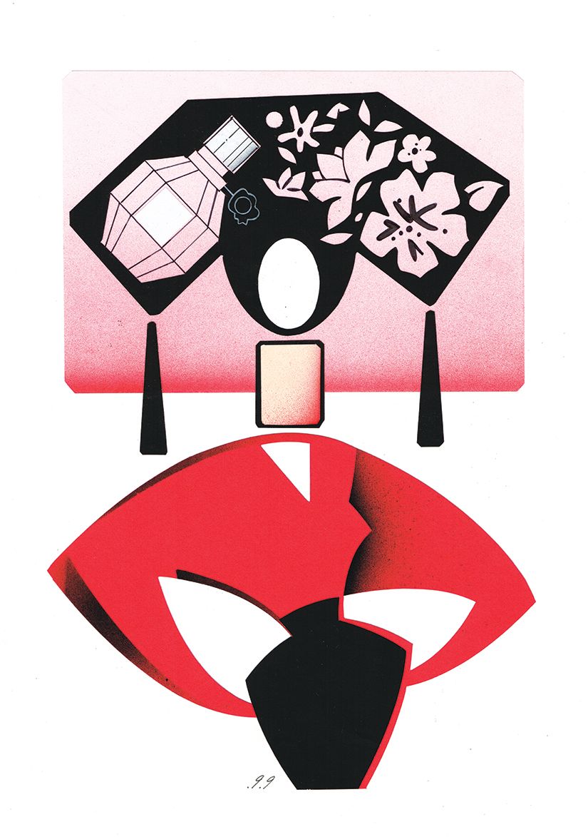 Abstract illustration, perfume bottle and floral fan above a red shape.
