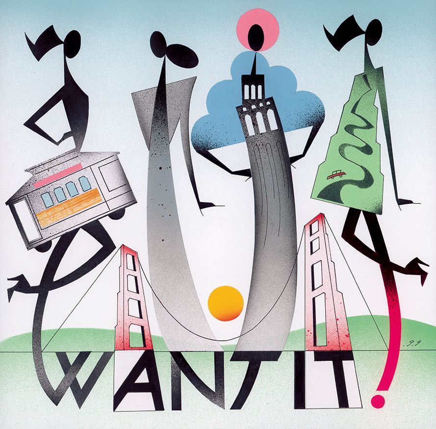 Stylized figures with architecture and the word 