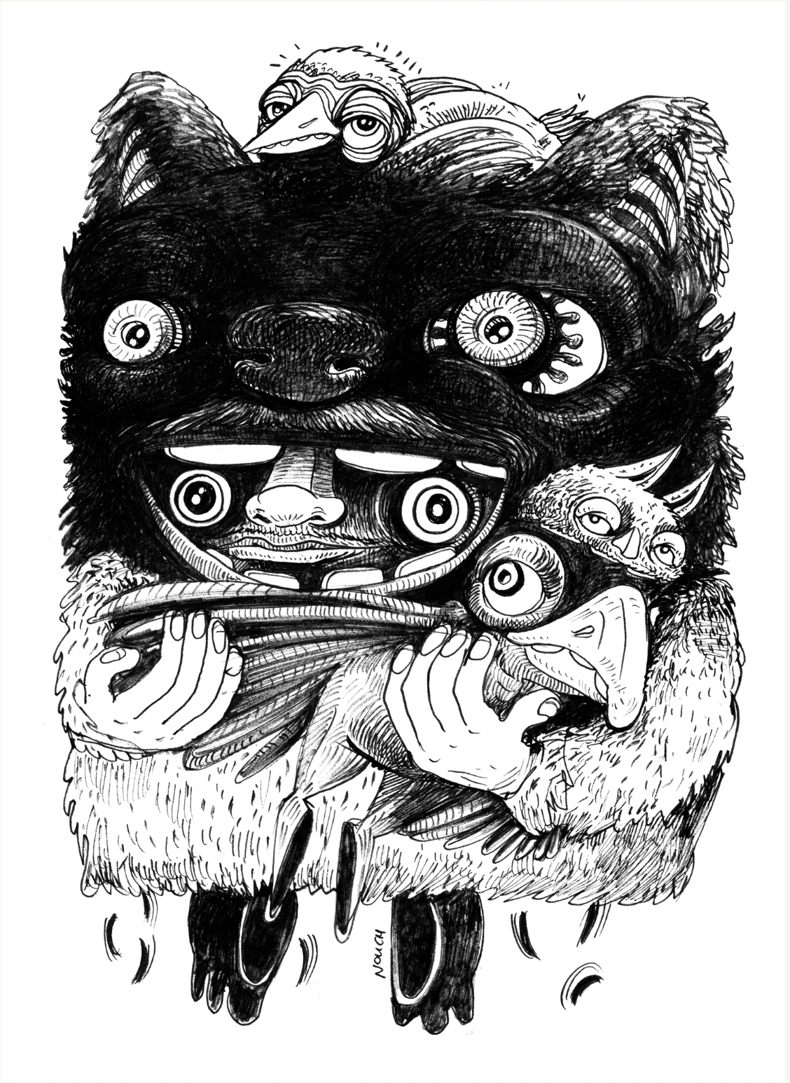 Monster-like creature with many eyes, clutching another creature. Drawn in black ink.
