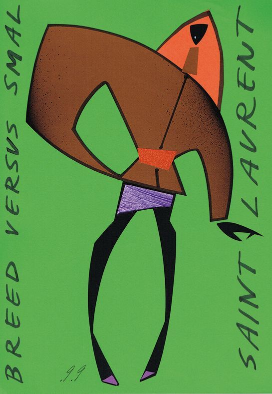 Abstract figure in a brown jacket and black tights, on a green background. Text: Breed Versus Saint Laurent.