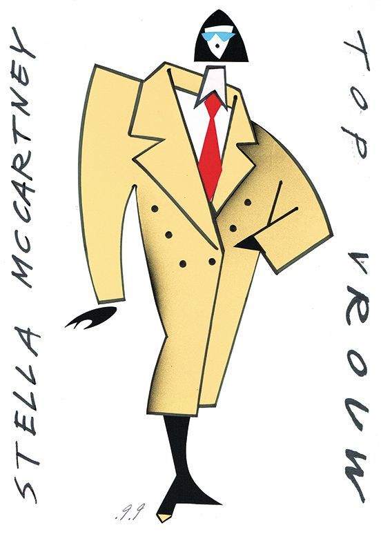 Stylized figure in a light yellow coat, red tie, black boots;